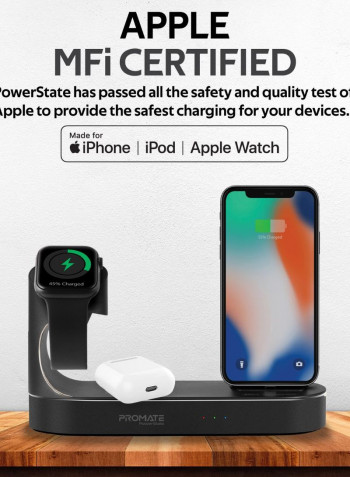Apple Wireless Charging Station, World’s First MFi Certified 18W Power Delivery Charging Dock with 10W Qi Fast Wireless Charging, MFi Apple Watch Charger and 2.4A USB Charging Port for Apple iPhone 12, iPod, iPad, PowerState Black