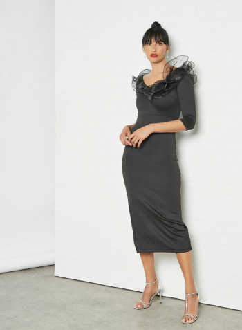 Ruffled Neck Dress Black