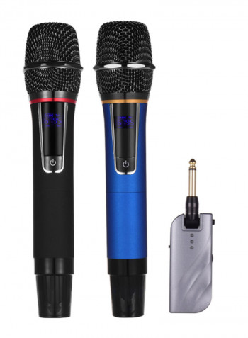2-Piece Dual-Frequency Wireless Handheld Microphone Set With Receiver For Karaoke MI2040 Black/Blue
