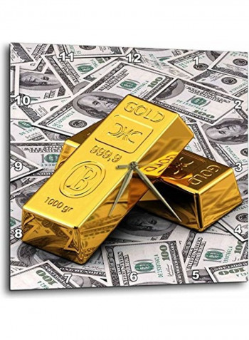 Gold Bars Money Dollar Bank Note Concept Wall Clock Multicolour 15x15inch