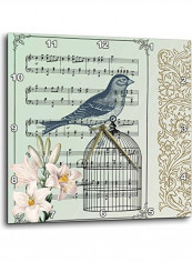 Musical Bird On Bird Cage With Lilies Vintage Art Wall Clock Multicolour 15x15inch