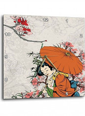 Lovely Japanese Geisha With Umbrella Printed Analog Wall Clock Multicolour 15x15x0.1inch