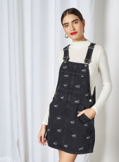 Signature Embroidery Denim Dungaree Dress Save Fa Critter Black Rigid