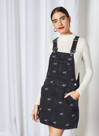 Signature Embroidery Denim Dungaree Dress Save Fa Critter Black Rigid