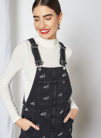 Signature Embroidery Denim Dungaree Dress Save Fa Critter Black Rigid