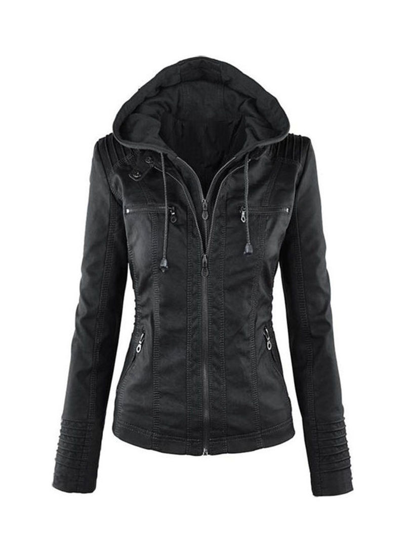Long Sleeve Zipper Leather Hooded Jacket Black