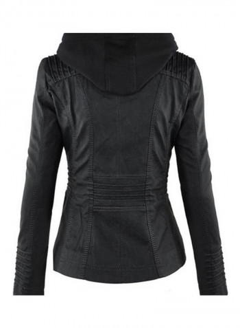 Long Sleeve Zipper Leather Hooded Jacket Black