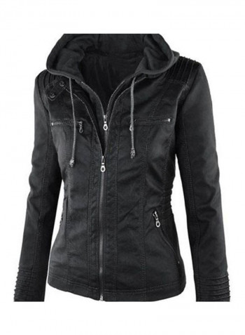 Long Sleeve Zipper Leather Hooded Jacket Black