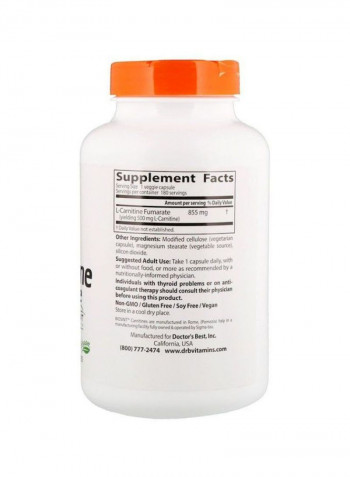 L-Carnitine Fumarate With Biosint Carnitines 855mg Dietary Supplement - 180 Veggie Caps