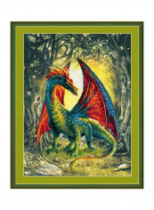 Forest Dragon Counted Cross Stitch Kit With Pre-Printed Background Green/Yellow/Blue