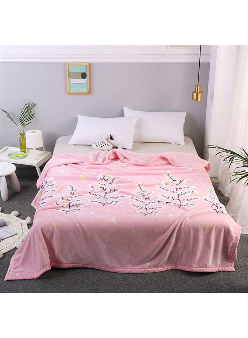 Soft Plant Printed Bed Blanket Cotton Pink 230x250centimeter