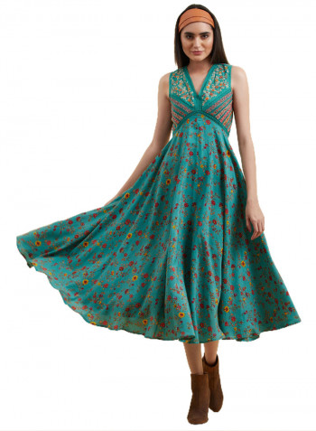 V Neck Floral Printed Long Dress Green