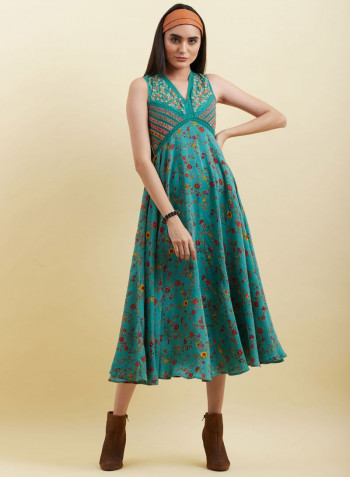 V Neck Floral Printed Long Dress Green