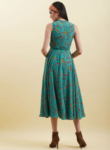 V Neck Floral Printed Long Dress Green