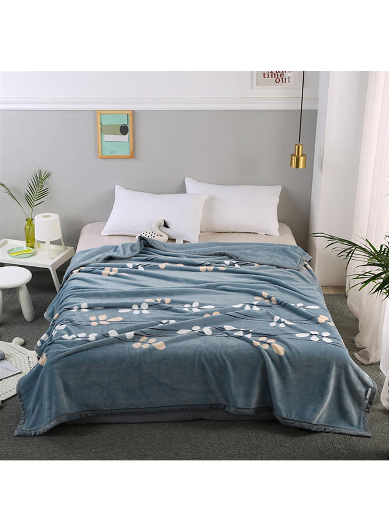 Soft Plant Printed Bed Blanket Cotton Blue 230x250centimeter