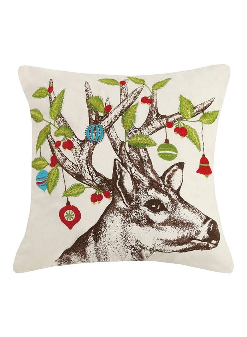 Holly Deer Printed Pillow White/Brown/Green 18x5x18inch