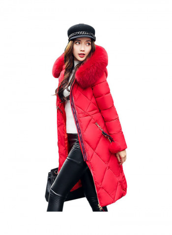 Cotton Long Furry Collar Overcoat red