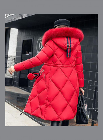 Cotton Long Furry Collar Overcoat red