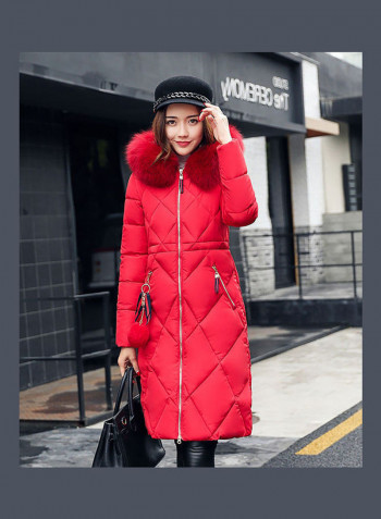 Cotton Long Furry Collar Overcoat red