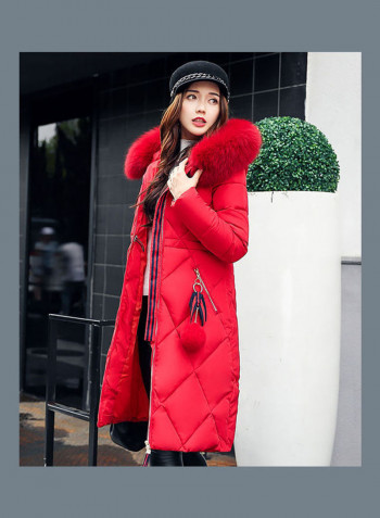 Cotton Long Furry Collar Overcoat red