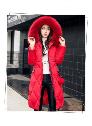 Cotton Long Furry Collar Overcoat red