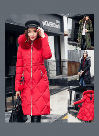 Cotton Long Furry Collar Overcoat red