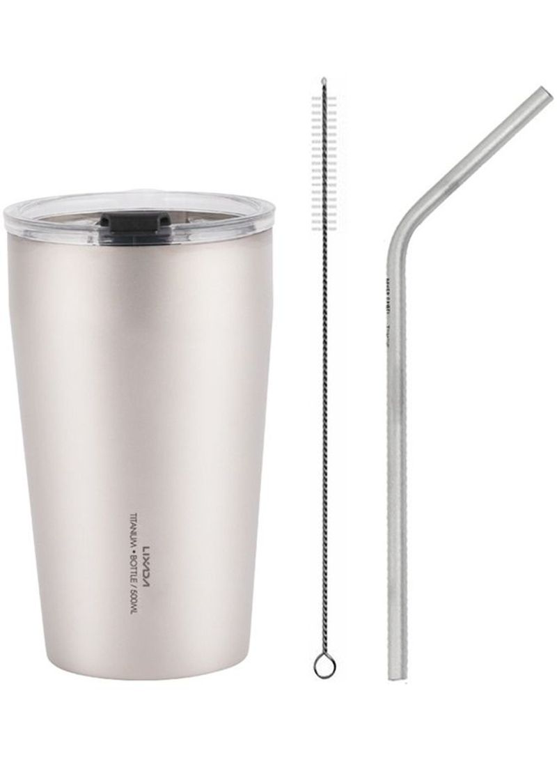 3-Piece Double Wall Titanium Cup with Drinking Straw and Cleaning Brush 16.5 x 9.5 x 9.5cm