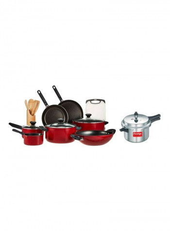 14-Piece Cooking Set With Lids And 3L Pressure Cooker Multicolour Casserole (24 cm, 28 cm), Milk Pan 14 cm, Sauce Pan 18 cm, Fry Pans (24 cm, 28 cm), Wok with Bamboo Tool 28cm