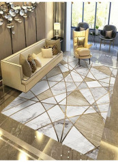 Geometrical Pattern Colour Block Washable Floor Mat White/Gold 120 x 160cm reviews Geometrical Pattern Colour Block Washable Floor Mat White/Gold 120 x 160cm