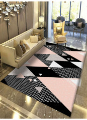 Geometrical Pattern Floor Mat Black/White/Pink 120 x 160cm