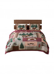 3-Piece Moose And Cabins Comforter Set Brown/Pink/Green Queen