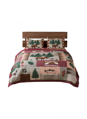 3-Piece Moose And Cabins Comforter Set Brown/Pink/Green Queen