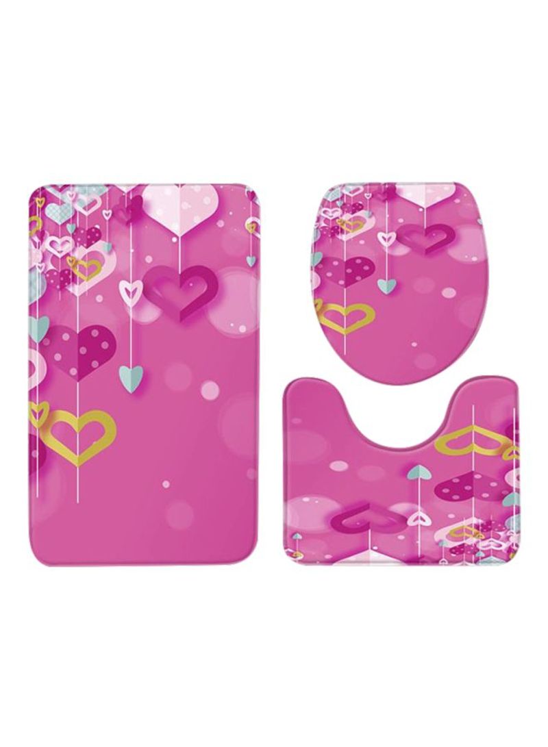 2-Piece Heart Printed Bath Mat Set Pink/Yellow/White Rectangular Mat(75x45), U Shaped Mat(37.5x45), Toilet Cover(35x45)cm