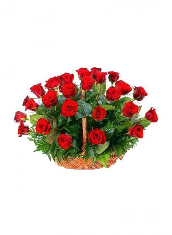 26-Piece Rose Arrangement With Basket Set Red/Green/Brown