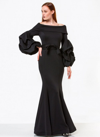 Fishtail Hem Bardot Maxi Dress Black