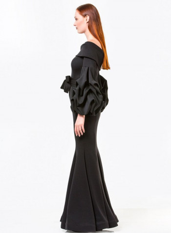 Fishtail Hem Bardot Maxi Dress Black