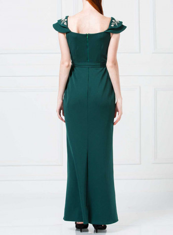 Asymmetrical Neck Solid Design Dress Bottle Green