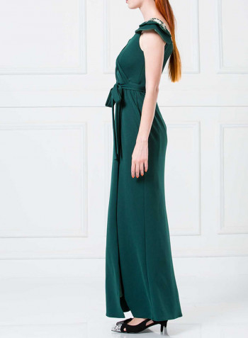 Asymmetrical Neck Solid Design Dress Bottle Green