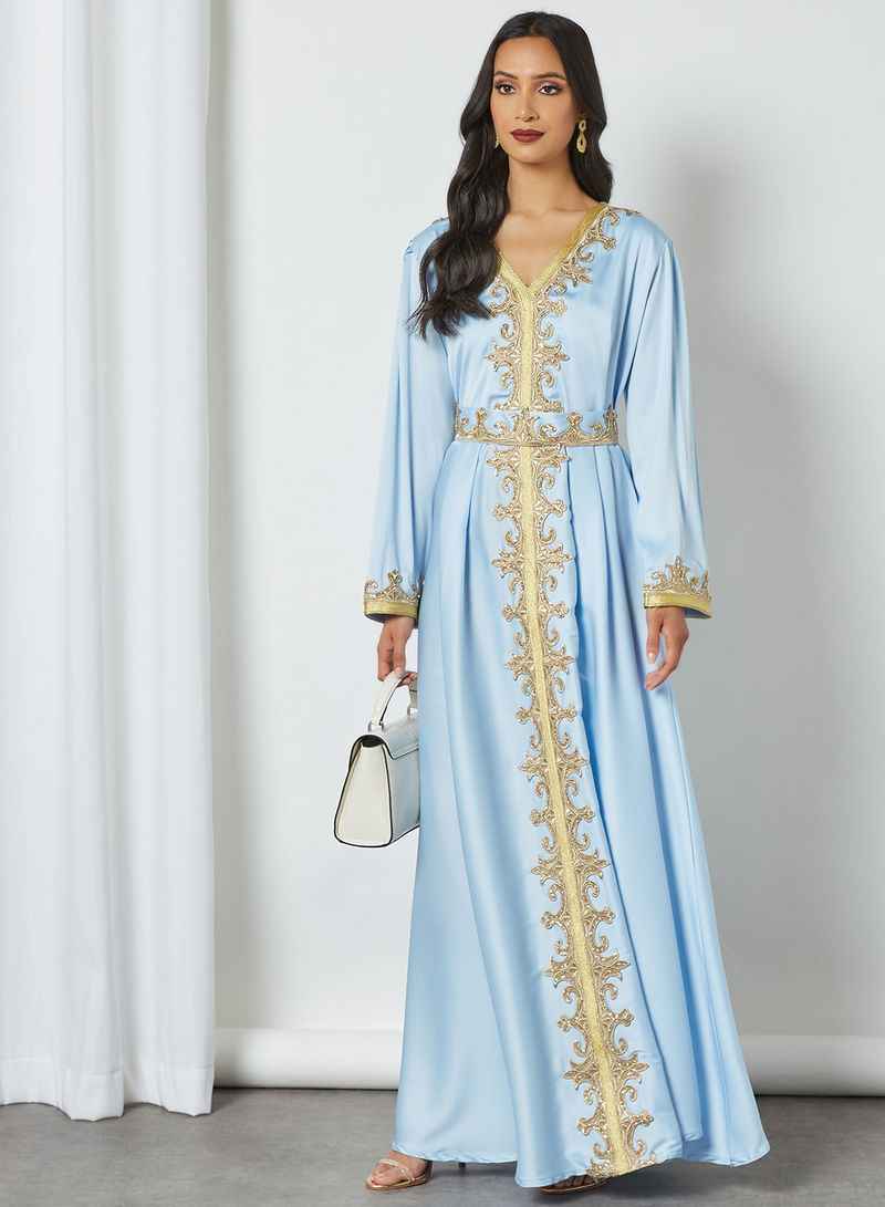 Beaded Embroidery Detailed Moroccan Kaftan Blue/Gold