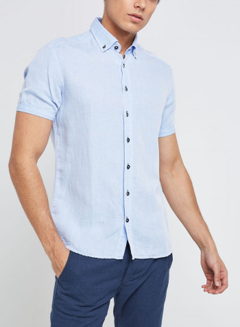 Half Sleeve Casual Linen Blend Semi Formal Shirt Blue