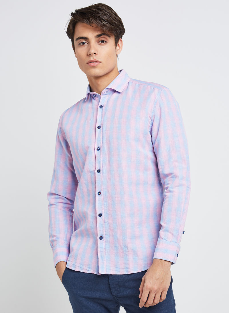 Full Sleeve Linen Blend Semi Formal Shirt Blue/Pink