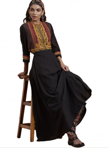 Embroidered Flared Long Dress Black