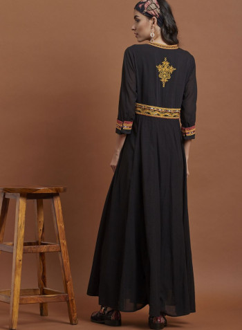 Embroidered Flared Long Dress Black