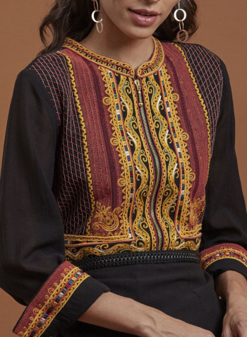 Embroidered Flared Long Dress Black