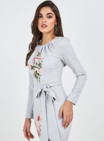 Floral Printed Long Sleeves Dress Grey/Green/Pink