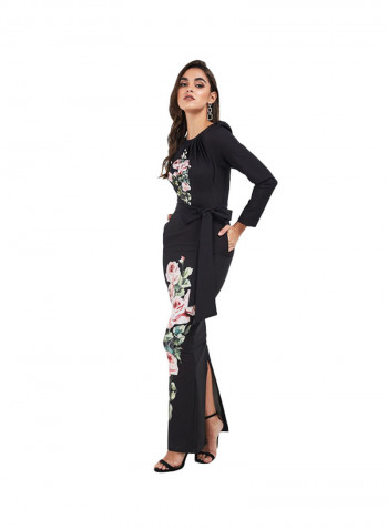 Floral Embroidered Design Long Sleeves Dress Black/Pink
