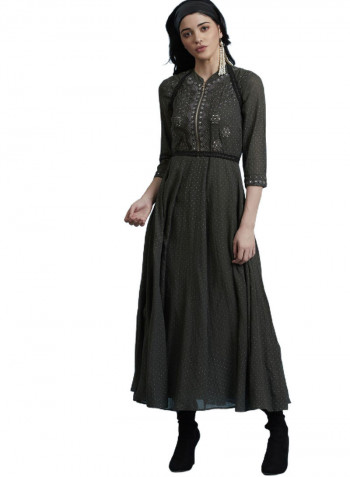 Mirror Work Polka Dots Long Dress Grey
