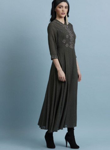 Mirror Work Polka Dots Long Dress Grey