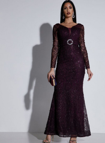 Lace Embellished Belted Maxi Dress Purple