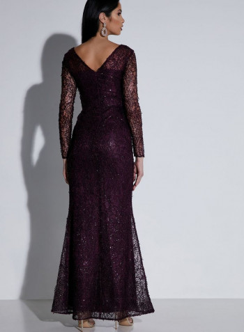 Lace Embellished Belted Maxi Dress Purple